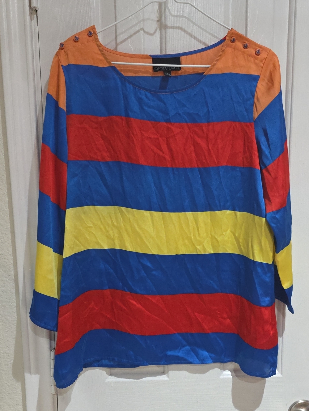Cynthia Rowley Vintage Colorblock Striped Boatneck Blouse - Blue/Red/Yellow Sz L